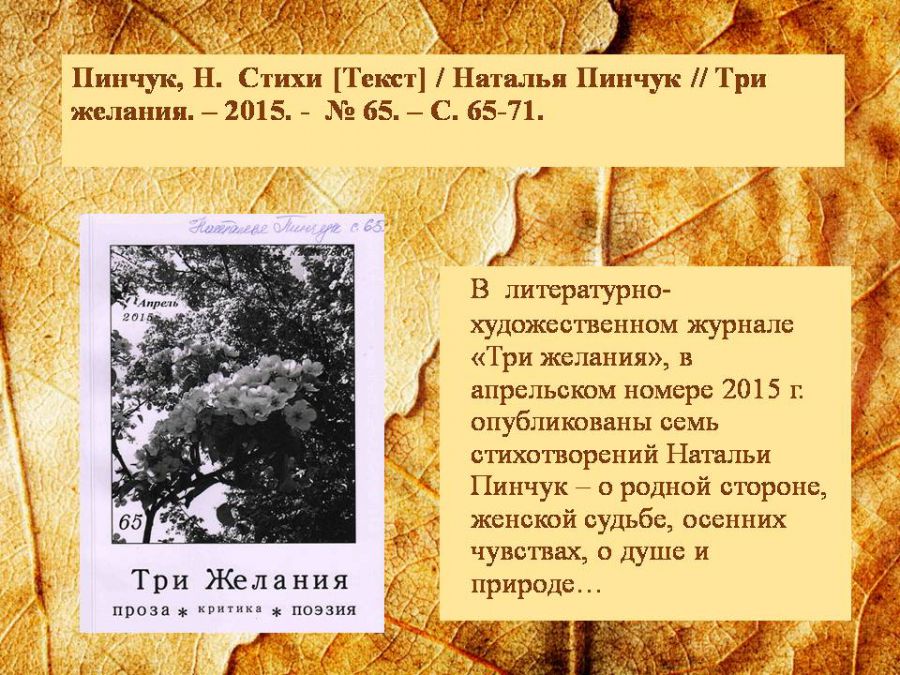 Краеведческая виртуальная выставка «Отогрею сердце»: о творчестве Натальи Пинчук ( ЦГМБ, отдел информации)